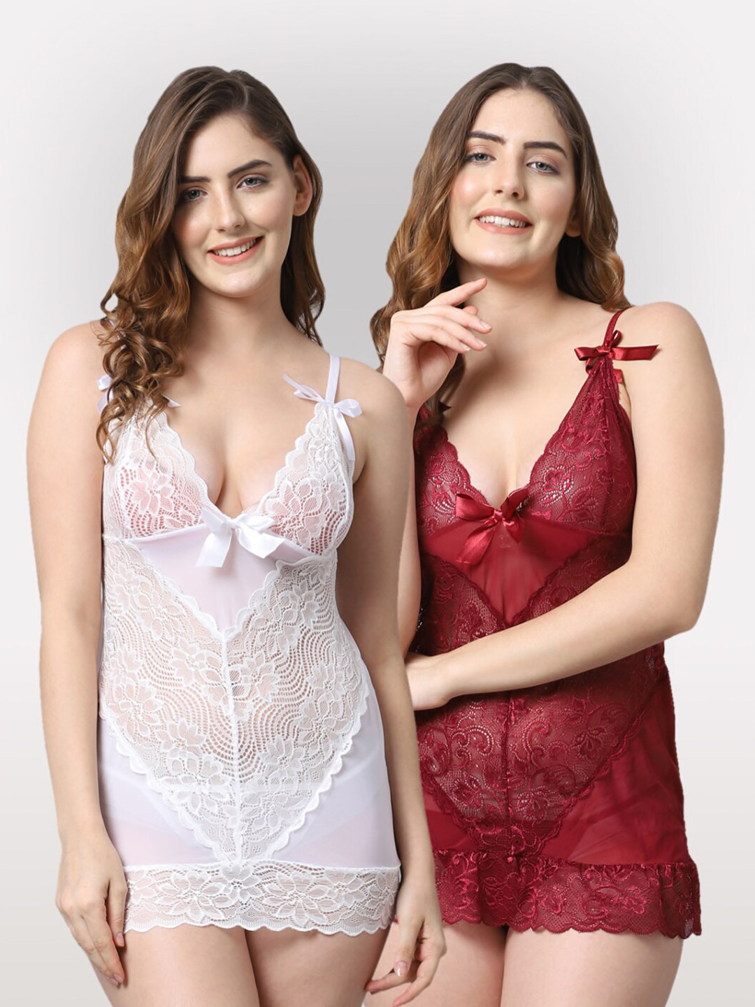 

Shararat White & Maroon Set Of 2 Lace Baby Dolls