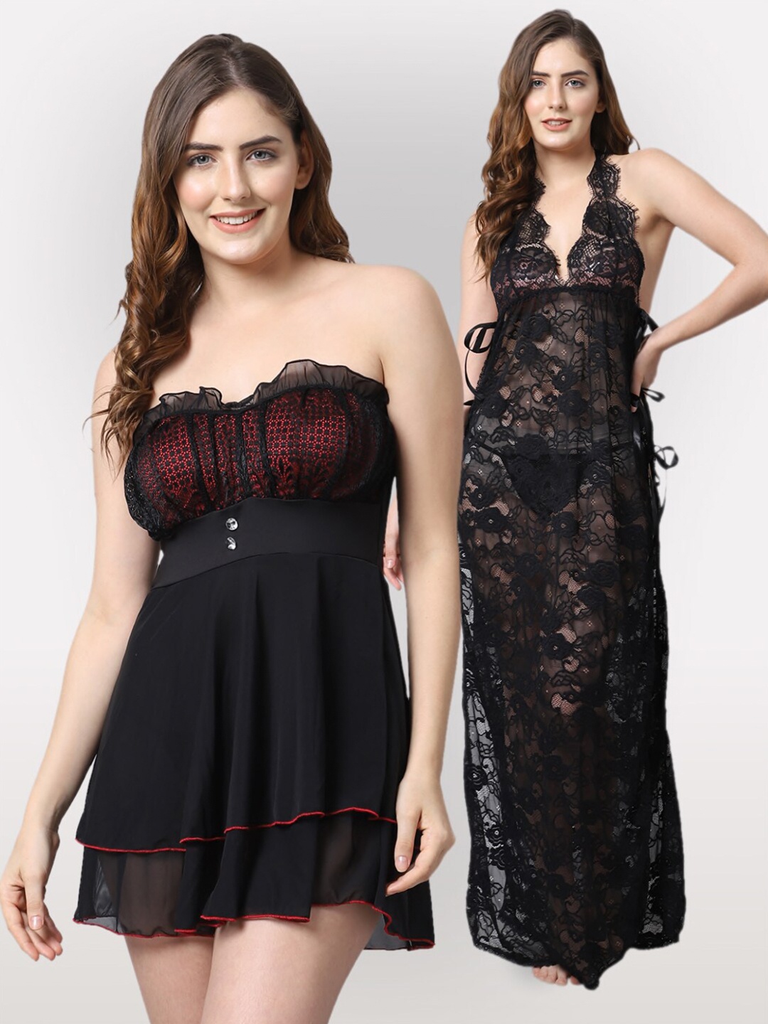 

Shararat Black Strapless Set Of 2 Lace Baby Dolls