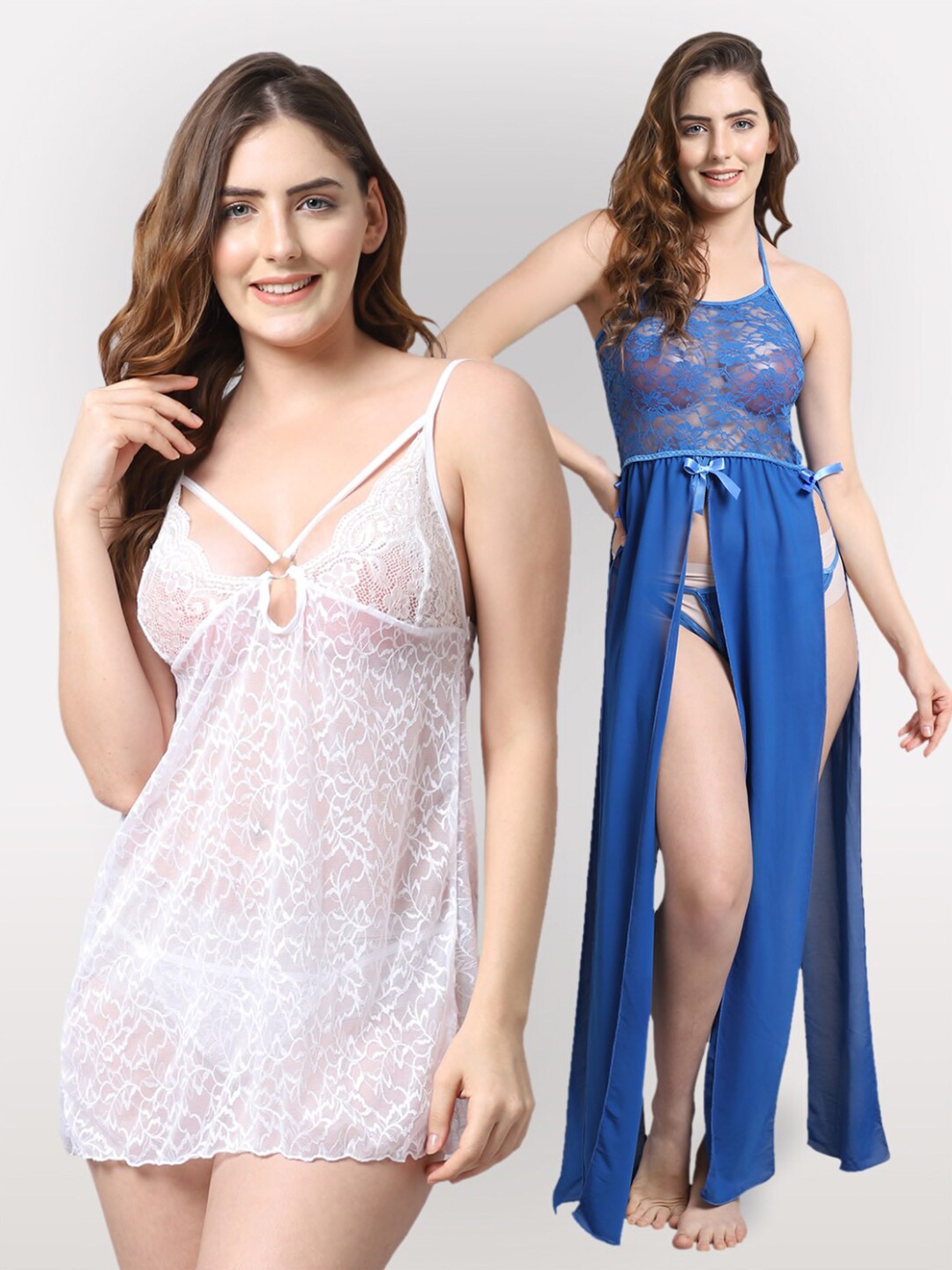 

Shararat White & Blue Set Of 2 Lace Baby Dolls