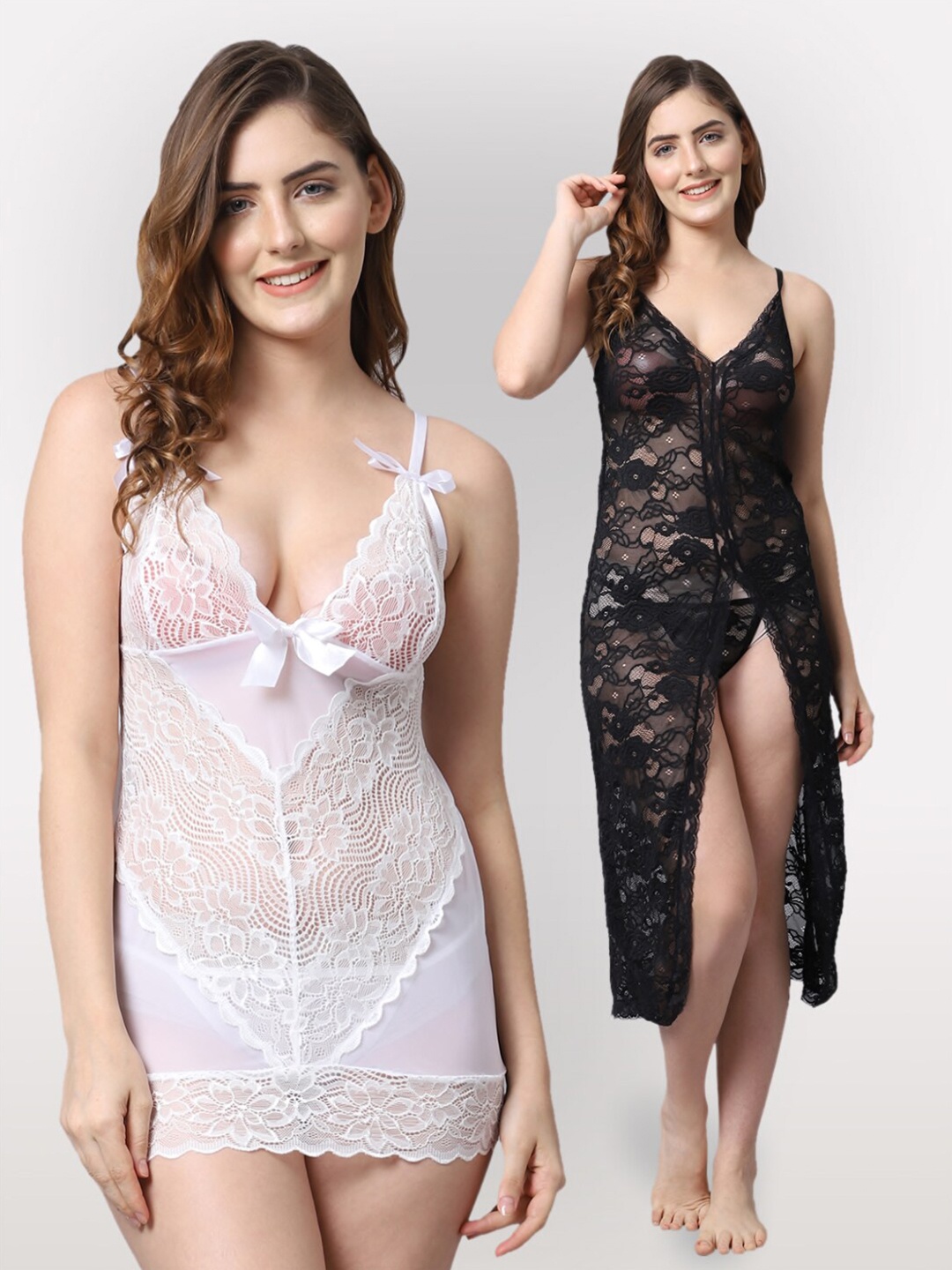 

Shararat White & Black Set Of 2 Lace Baby Dolls