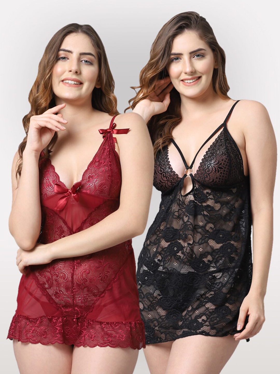 

Shararat Maroon & Black Set Of 2 Lace Baby Dolls