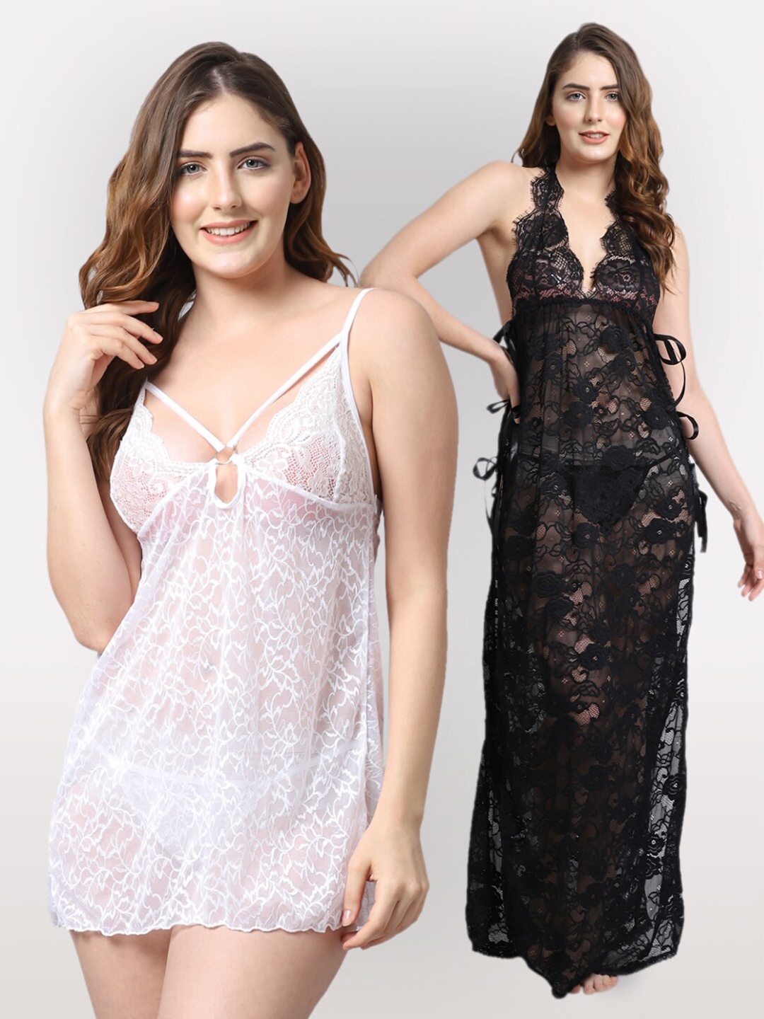 

Shararat White & Black Set Of 2 Lace Baby Dolls