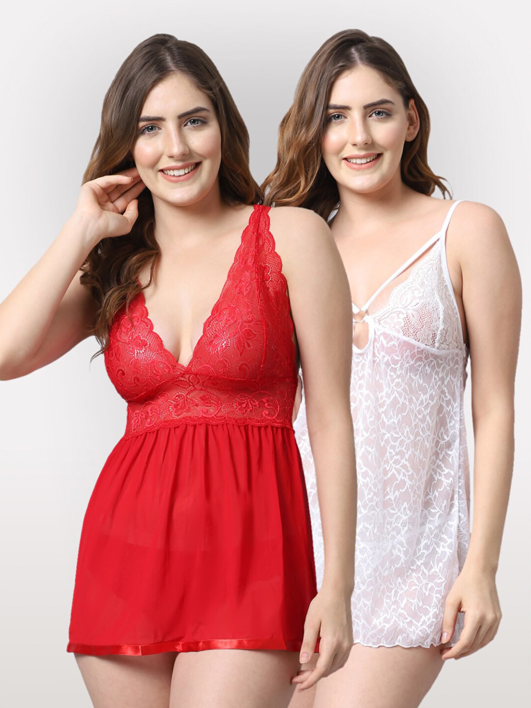 

Shararat Red & White Set Of 2 Lace Baby Dolls