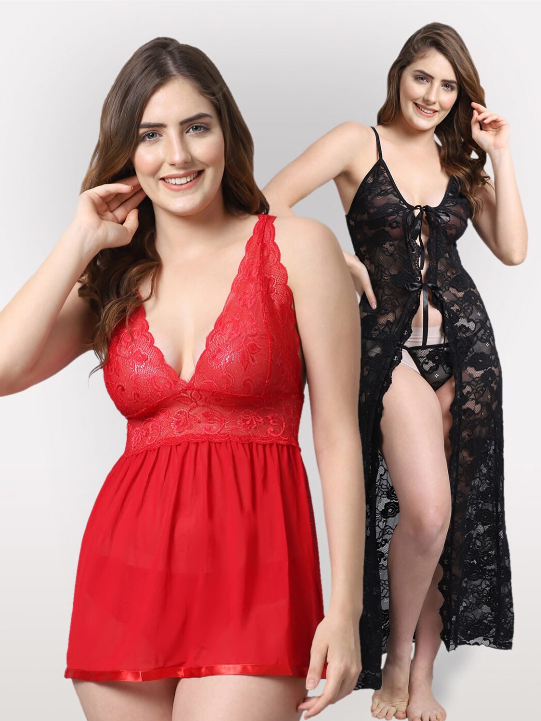 

Shararat Women Red & Black Set Of 2 Lace Baby Dolls