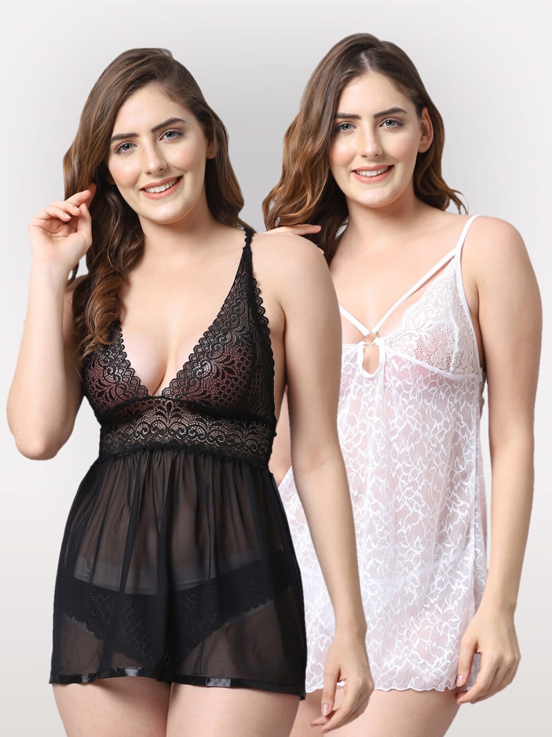 

Shararat Women White & Black Set Of 2 Lace Baby Dolls