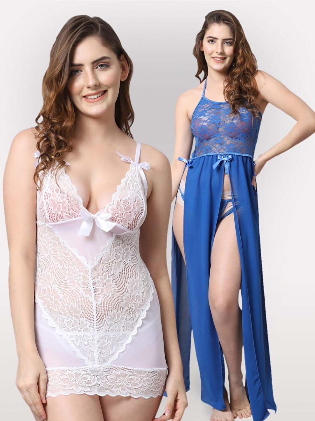 

Shararat Women White & Blue Set Of 2 Lace Baby Dolls
