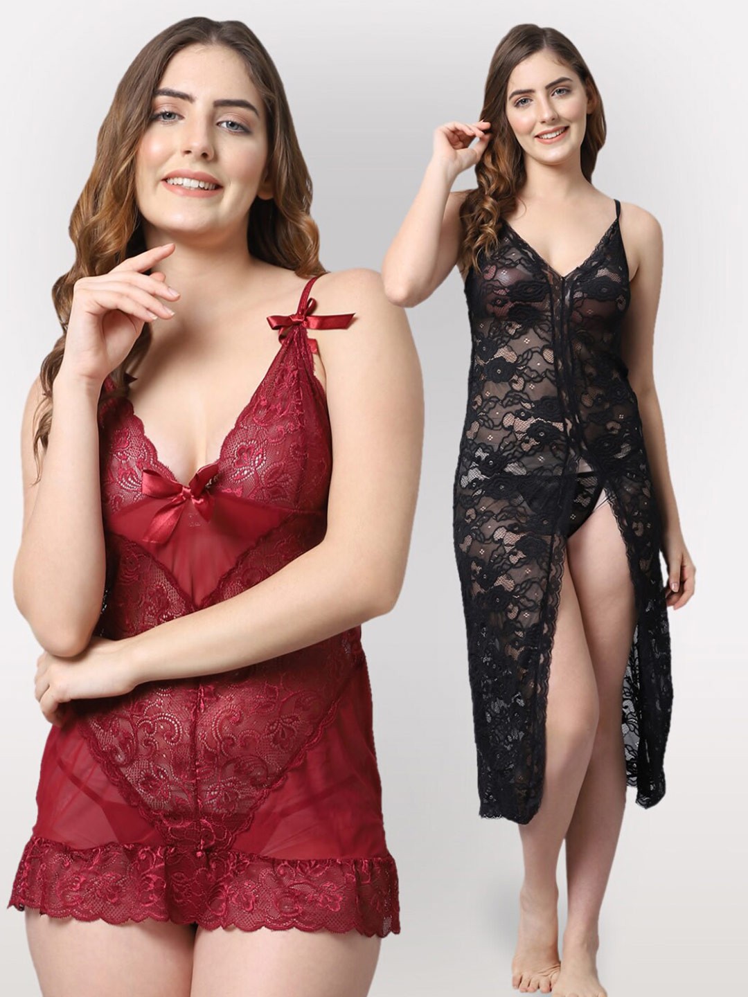 

Shararat Maroon & Black Set Of 2 Lace Baby Dolls