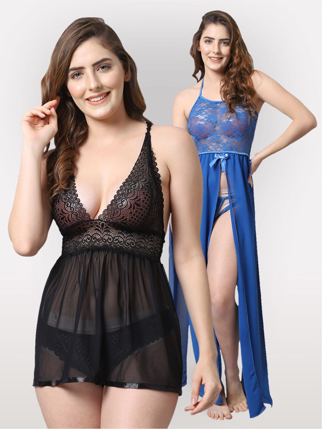 

Shararat Black & Blue Set Of 2 Lace Baby Dolls