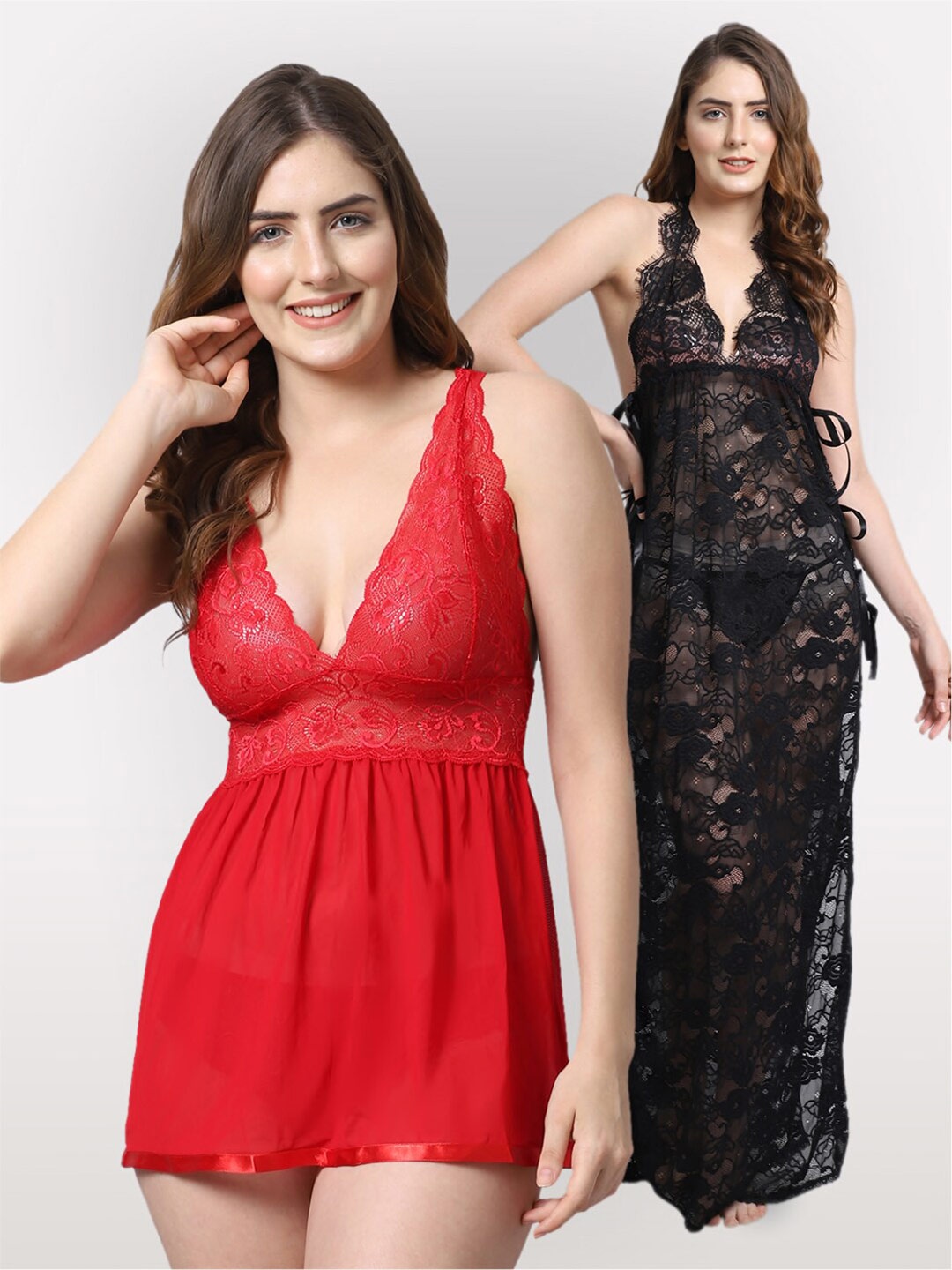 

Shararat Red & Black Set Of 2 Lace Baby Dolls