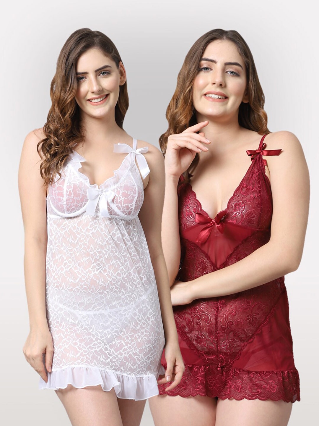 

Shararat White & Maroon Set Of 2 Lace Baby Dolls