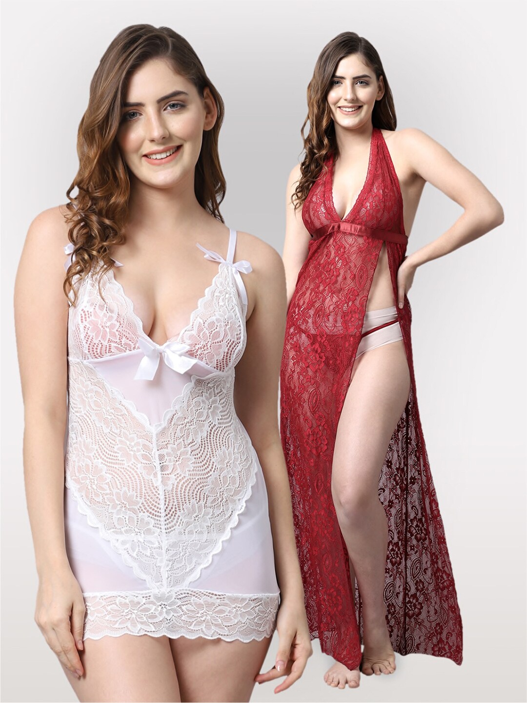 

Shararat White & Maroon Set Of 2 Lace Baby Dolls