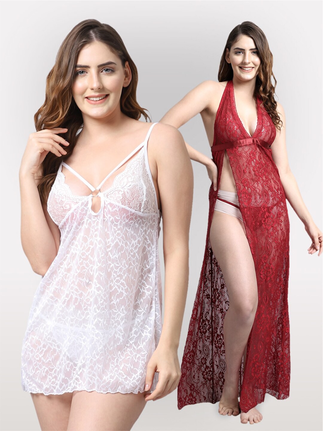 

Shararat White & Maroon Set Of 2 Lace Baby Dolls