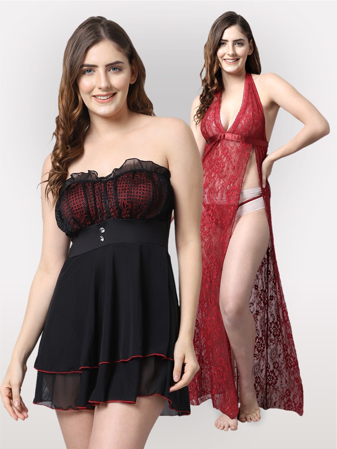 

Shararat Black & Maroon Set Of 2 Lace Baby Dolls