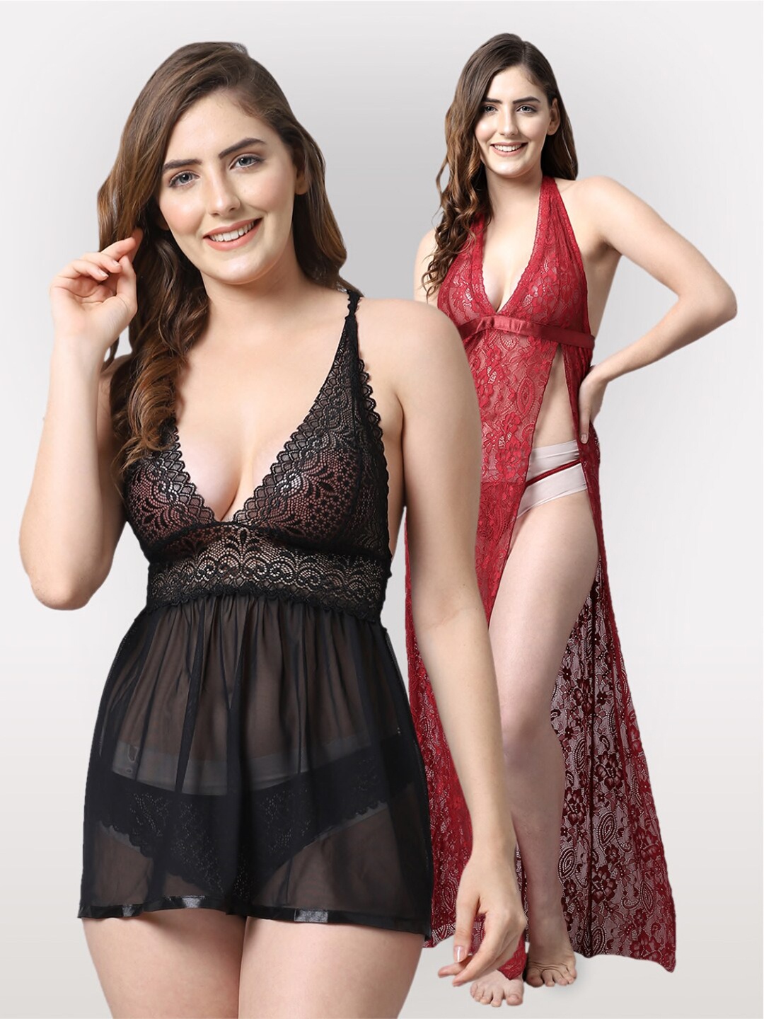 

Shararat Black & Maroon Set Of 2 Lace Baby Dolls
