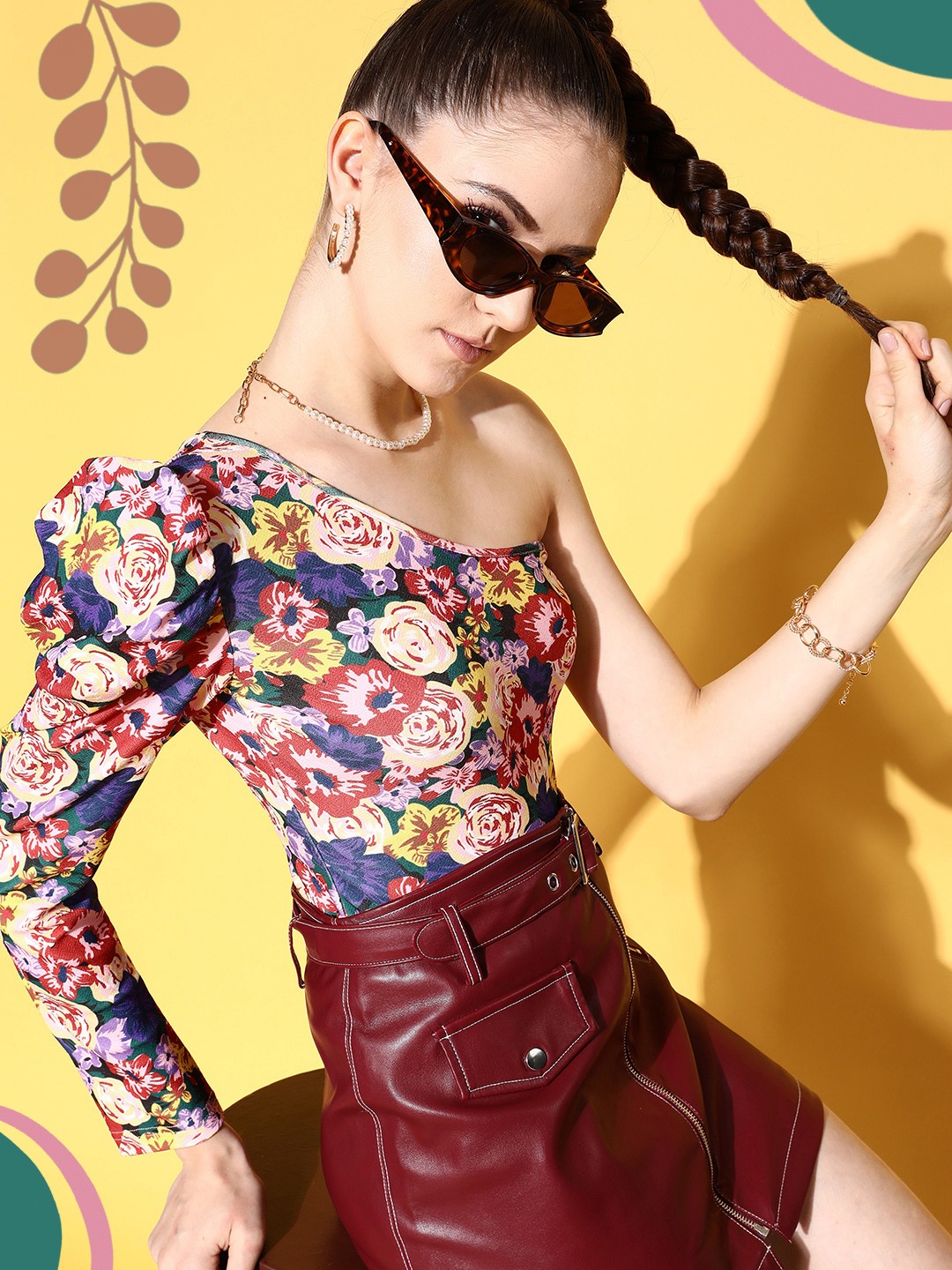 

Berrylush Multicoloured Floral Print One Shoulder Crepe Top, Multi