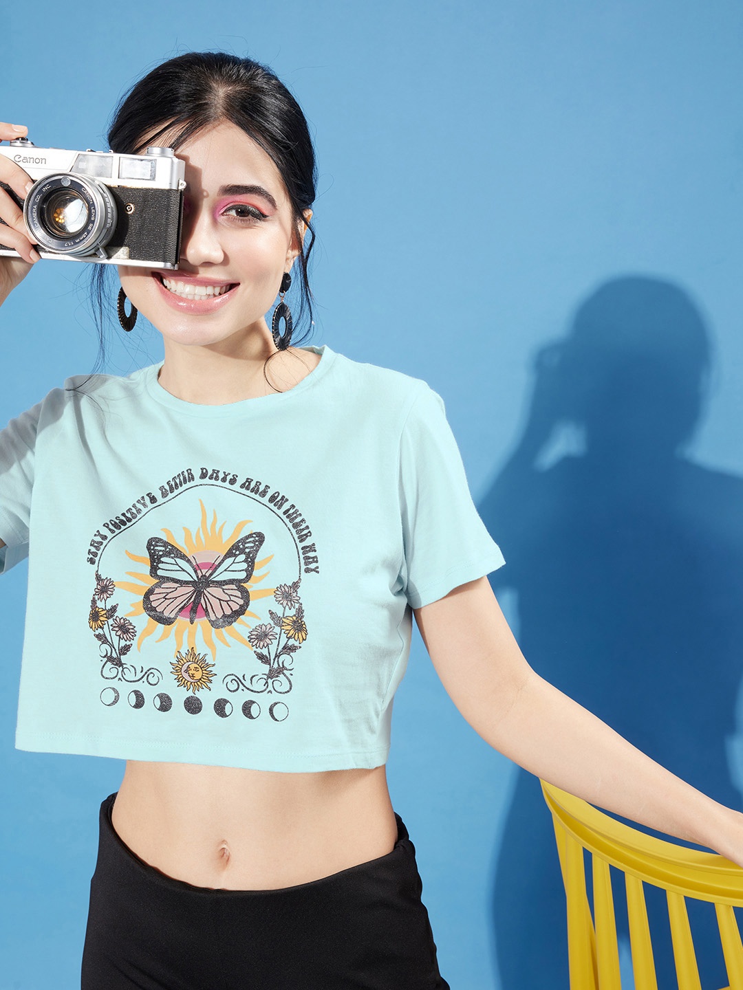 

People Women Turquoise Blue Printed Cotton T-shirt