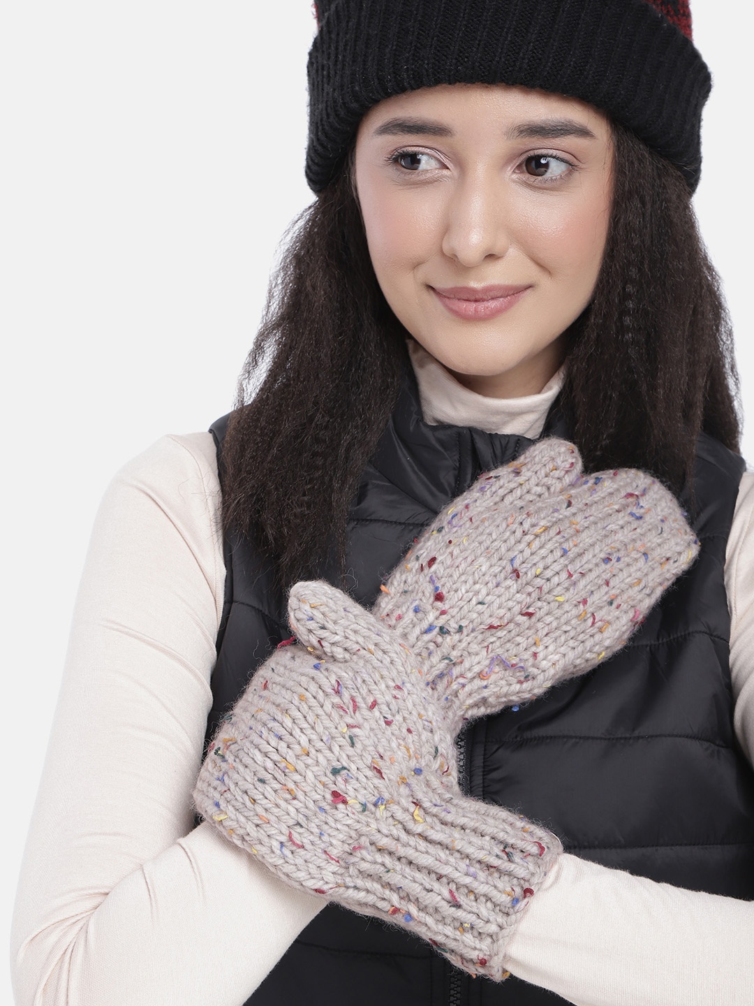 

Magic Needles Unisex Off White Woven Design Acrylic Gloves