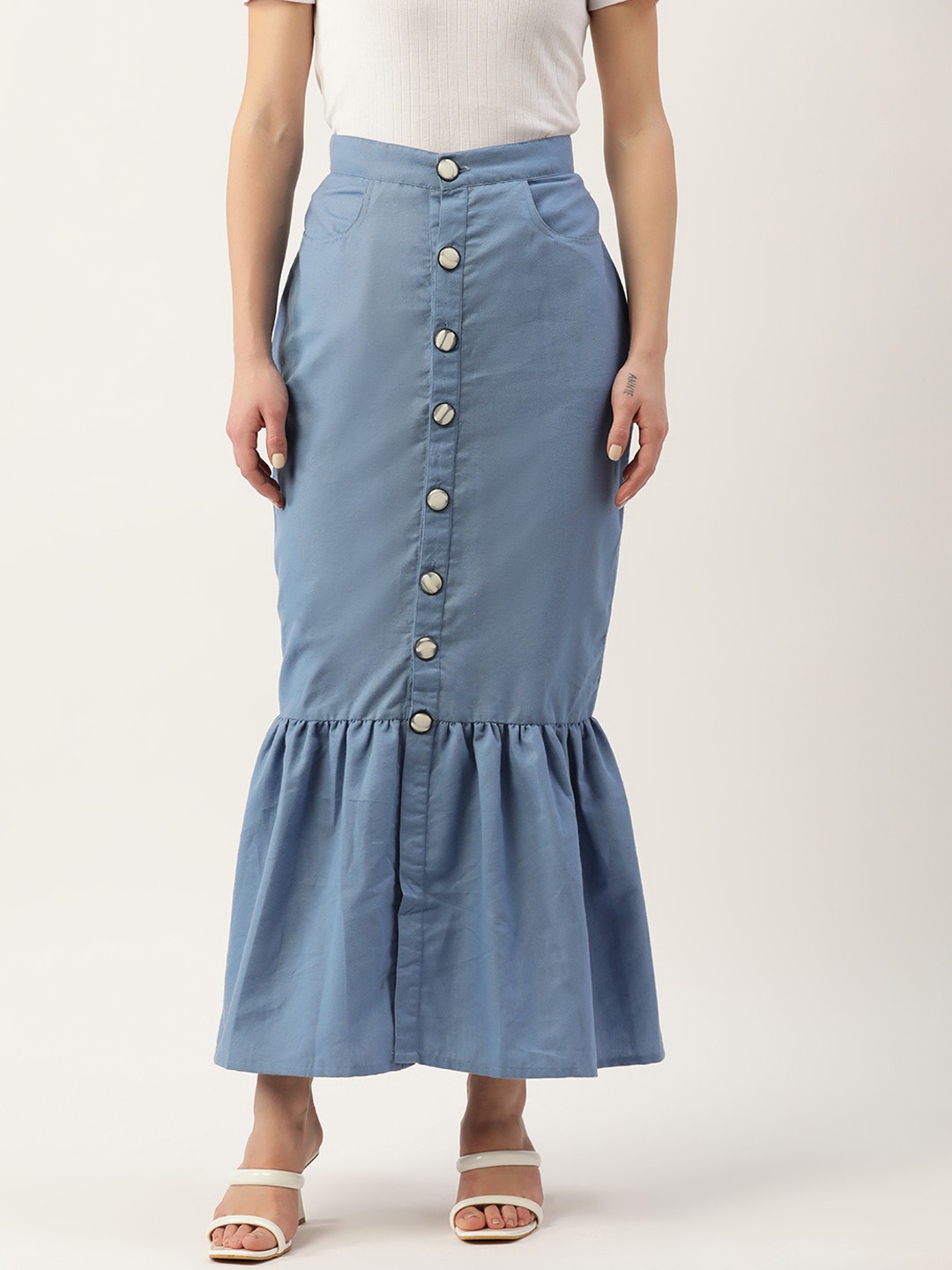 

KHUMAAR Shuchi Bhutani Women Denim Fish Cut Flounce Skirt, Blue
