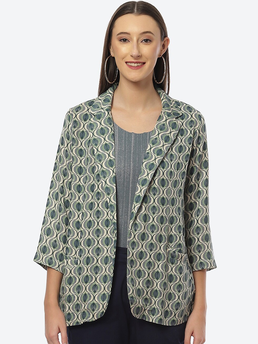 

Biba Women Blue Geometric Open Front Jacket