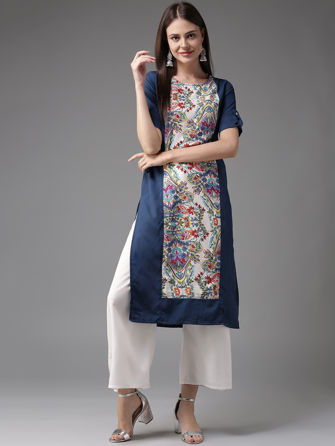 

HERE&NOW Women Blue & White Printed Straight Kurta