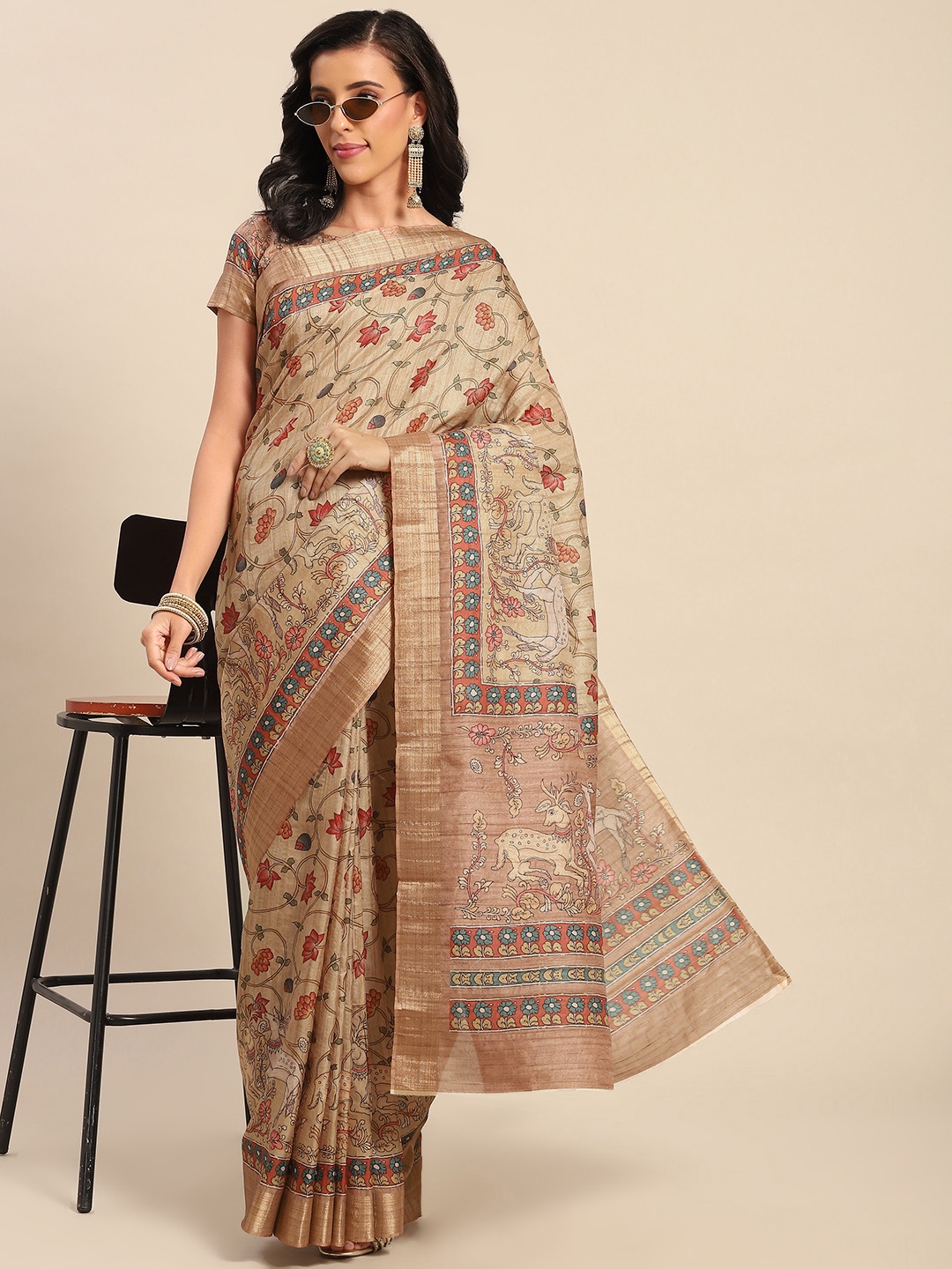 

SHANGRILA Beige & Multicoloured Floral Mysore Silk Saree