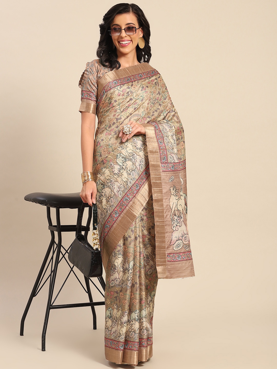 

SHANGRILA Beige & Multicoloured Floral Mysore Silk Saree