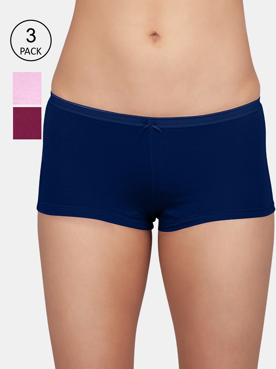 

Kalyani Women Pack Of 3 Burgundy & Blue Solid Boy Shorts Briefs