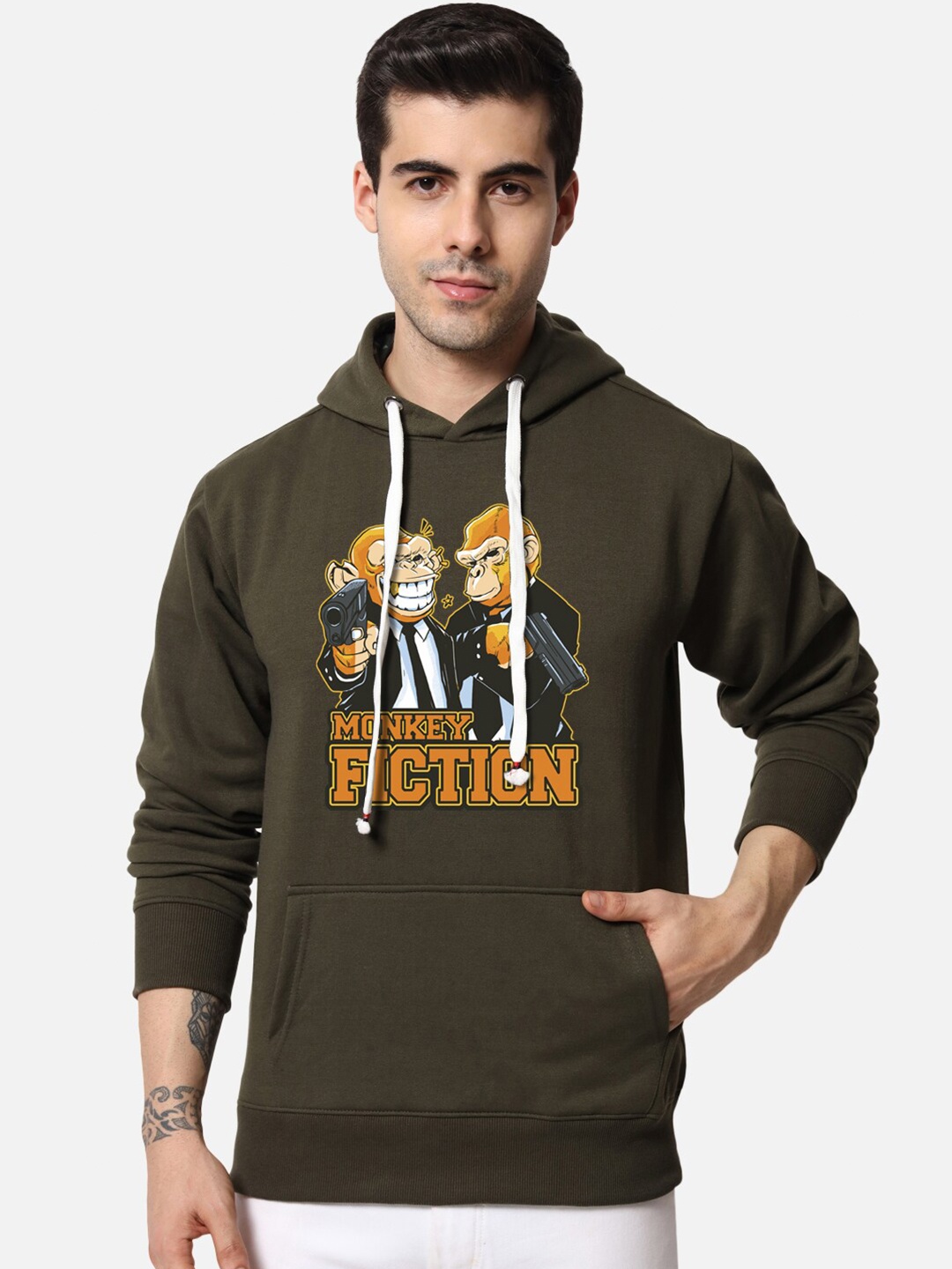 

FFLIRTYGO Men Green Printed Hooded Sweatshirt