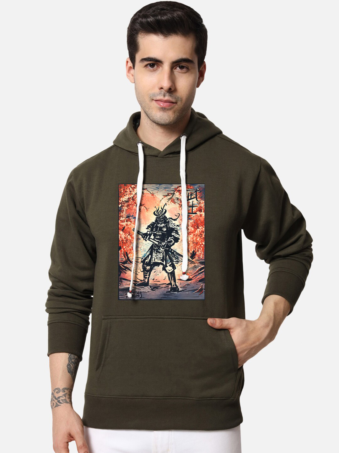 

FFLIRTYGO Men Green Printed Hooded Sweatshirt