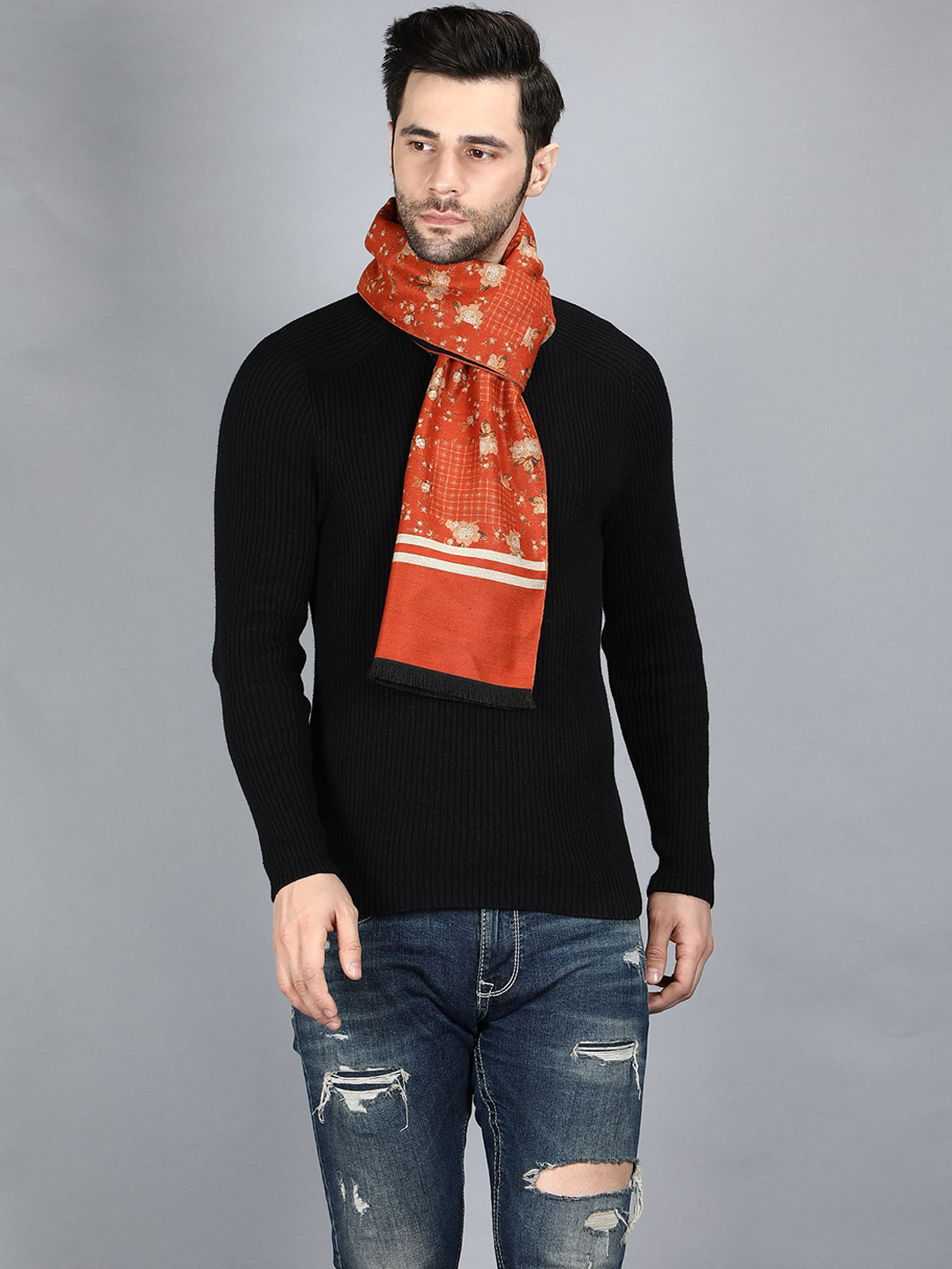 

Alvaro Castagnino Men Orange & White Floral Woven Design Wool Muffler