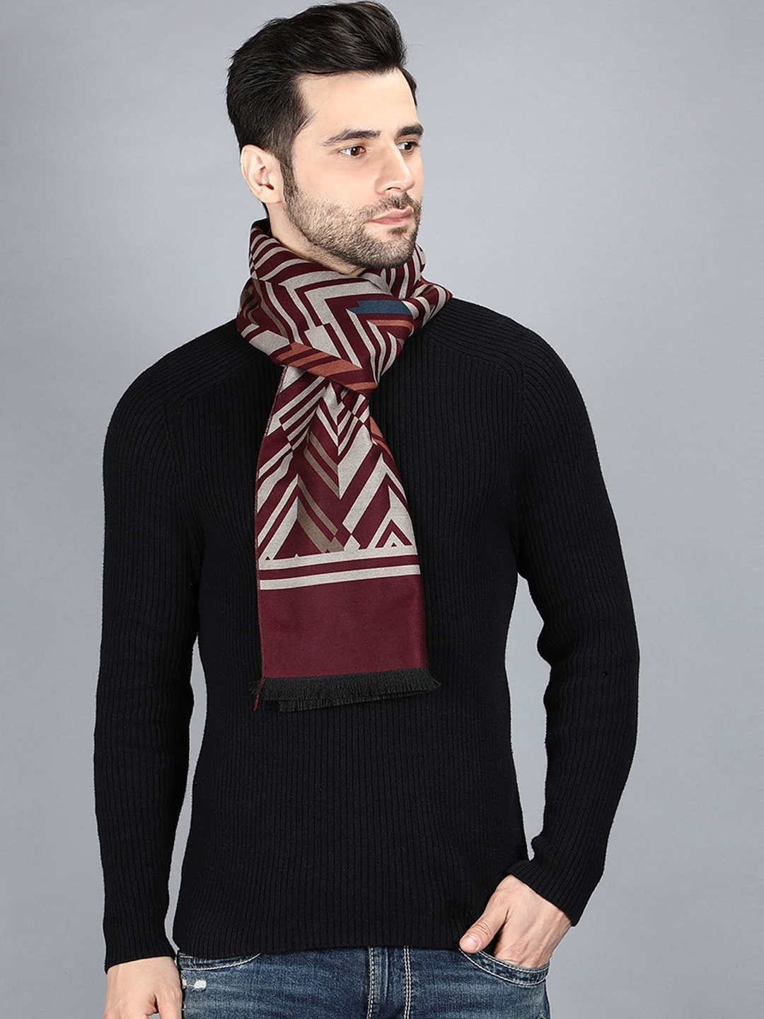 

Alvaro Castagnino Men Maroon Zig-Zag Printed Merino Wool Muffler