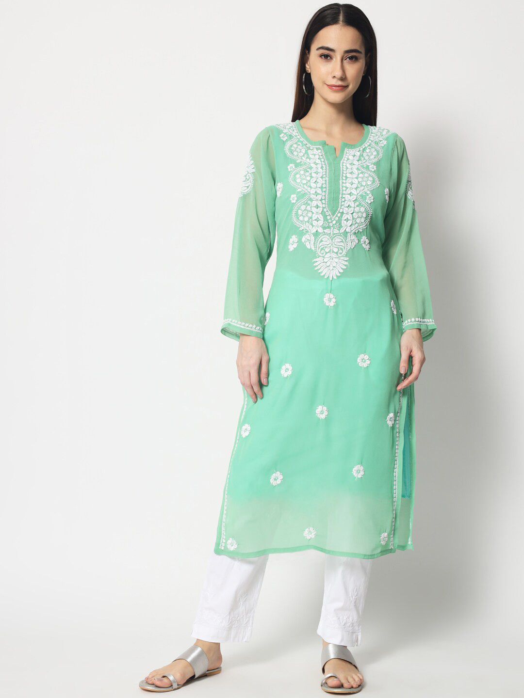 

PARAMOUNT CHIKAN Women Lime Green Floral Embroidered Chikankari Georgette Kurta