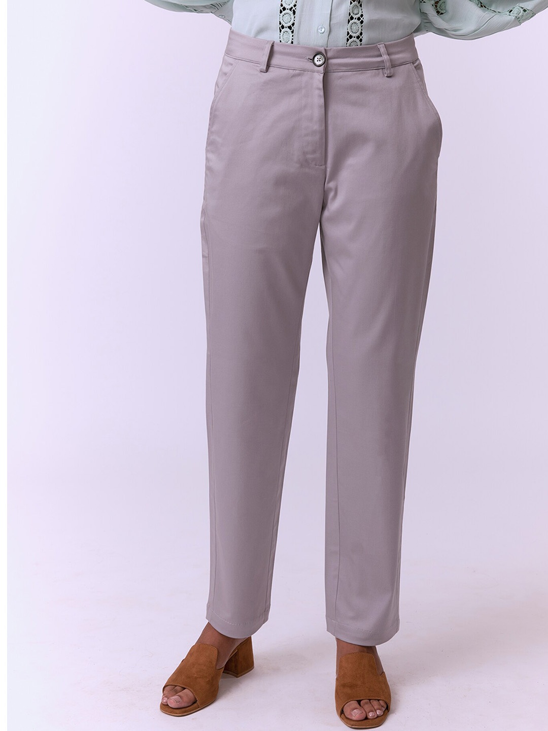 

NOT SO PINK Women Grey Chinos Cotton Trousers