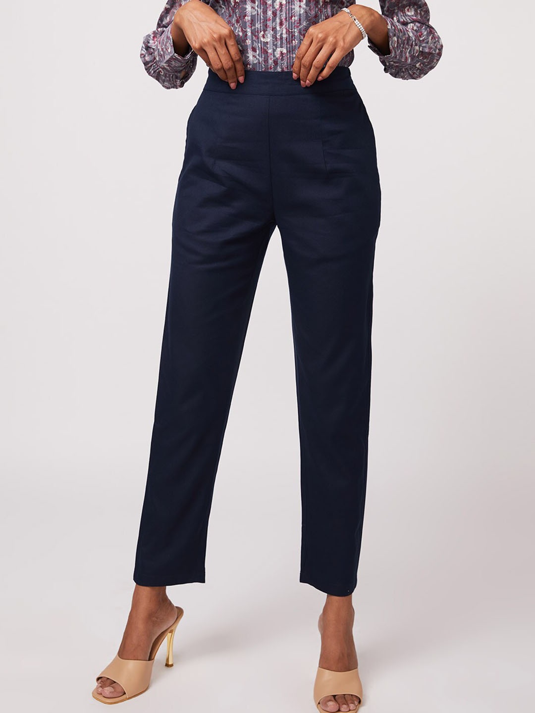 

NOT SO PINK Women Navy Blue Cotton Trousers