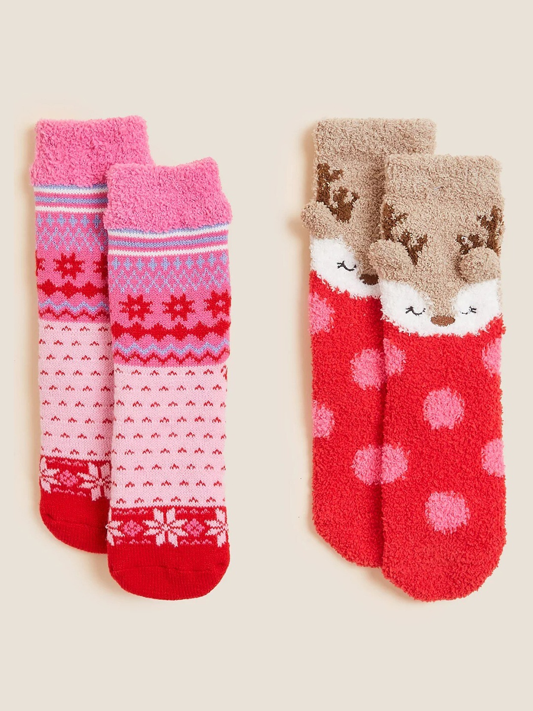 

Marks & Spencer Kids Pack Of 2 Pink & Red Reindeer Patterned Above-Ankle Length Socks