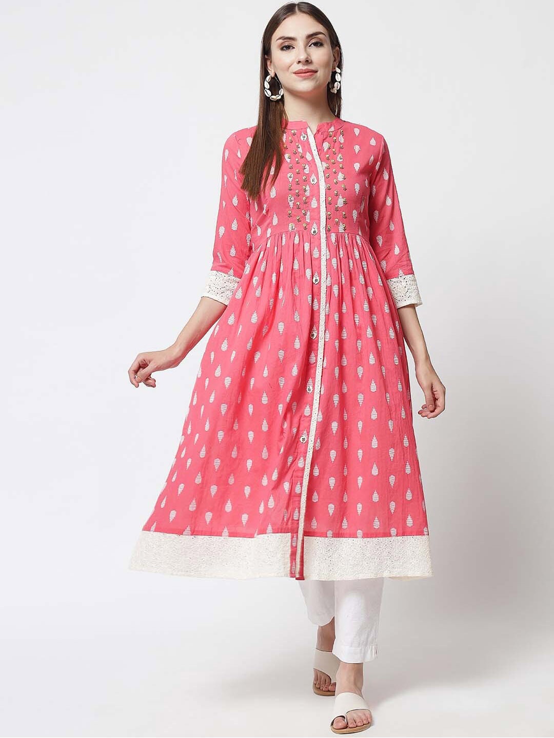 

Nehamta Women Pink & White Geometric Printed Cotton Kurta