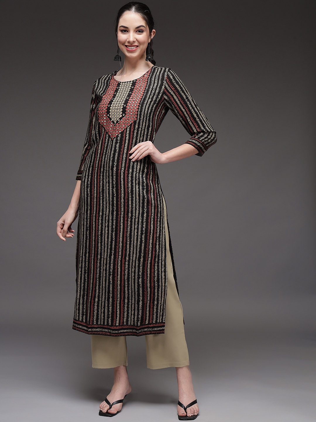 Nehamta Striped Mirror Work Straight Regular Kurta, Black