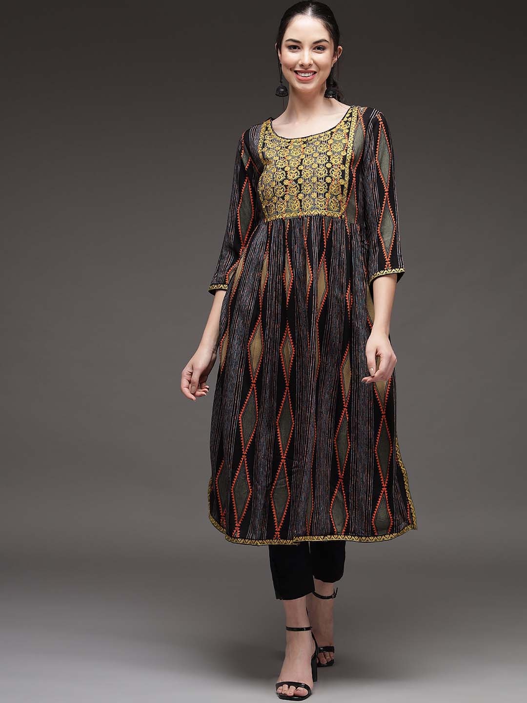 

Nehamta Women Multicoloured Striped Thread Work Kurta, Black