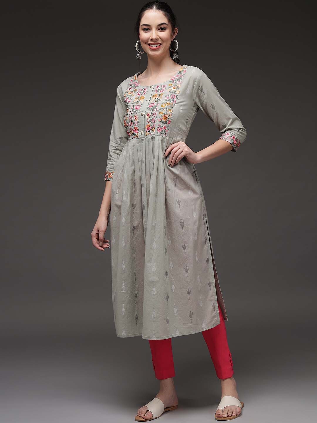 

Nehamta Women Grey Floral Embroidered Thread Work Cotton Kurta