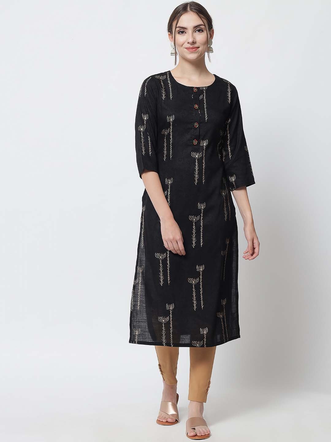 

Nehamta Floral Printed Round Neck Straight Kurta, Black