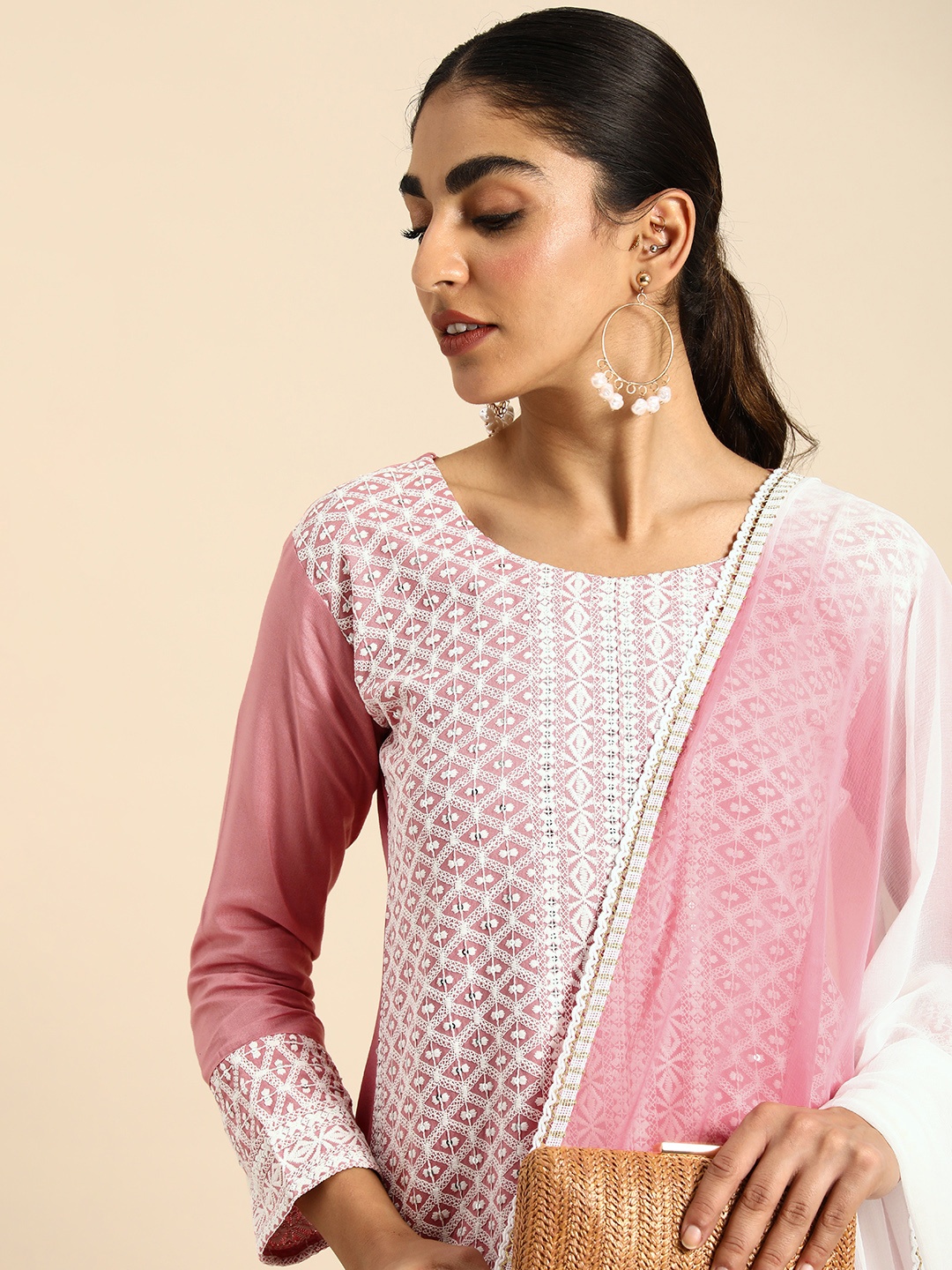 

all about you Women Embroidered Chikankari Kurta With Trousers & With Dupatta, Pink