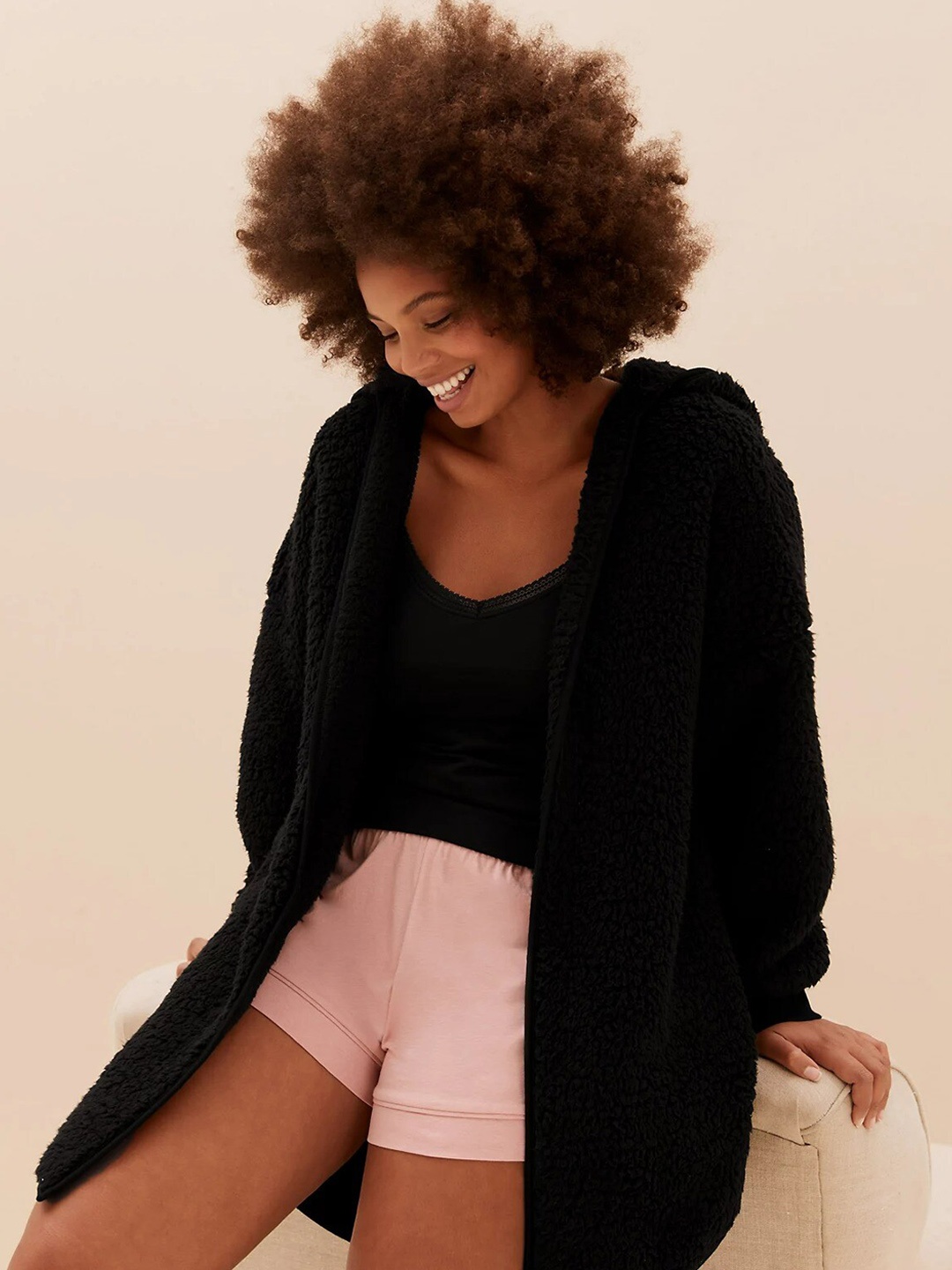 

Marks & Spencer Women Black Front Open Polyester Sweater with Fuzzy Detail