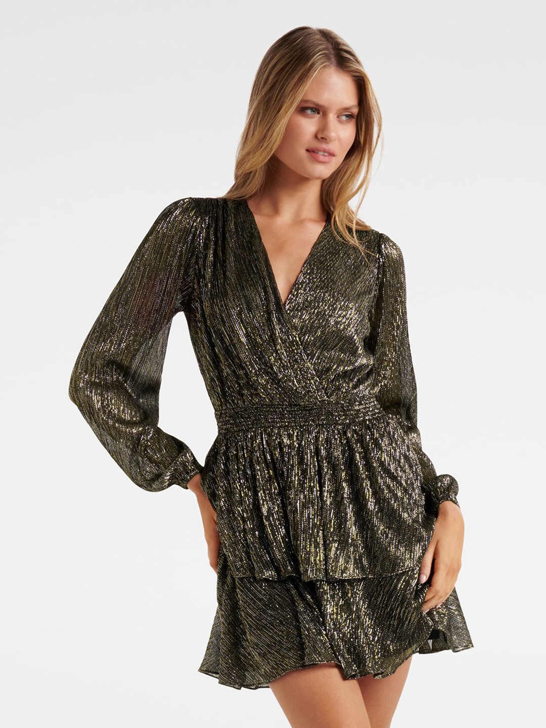 

Forever New Self Design Cuffed Sleeves V-Neck Wrap Dress, Black