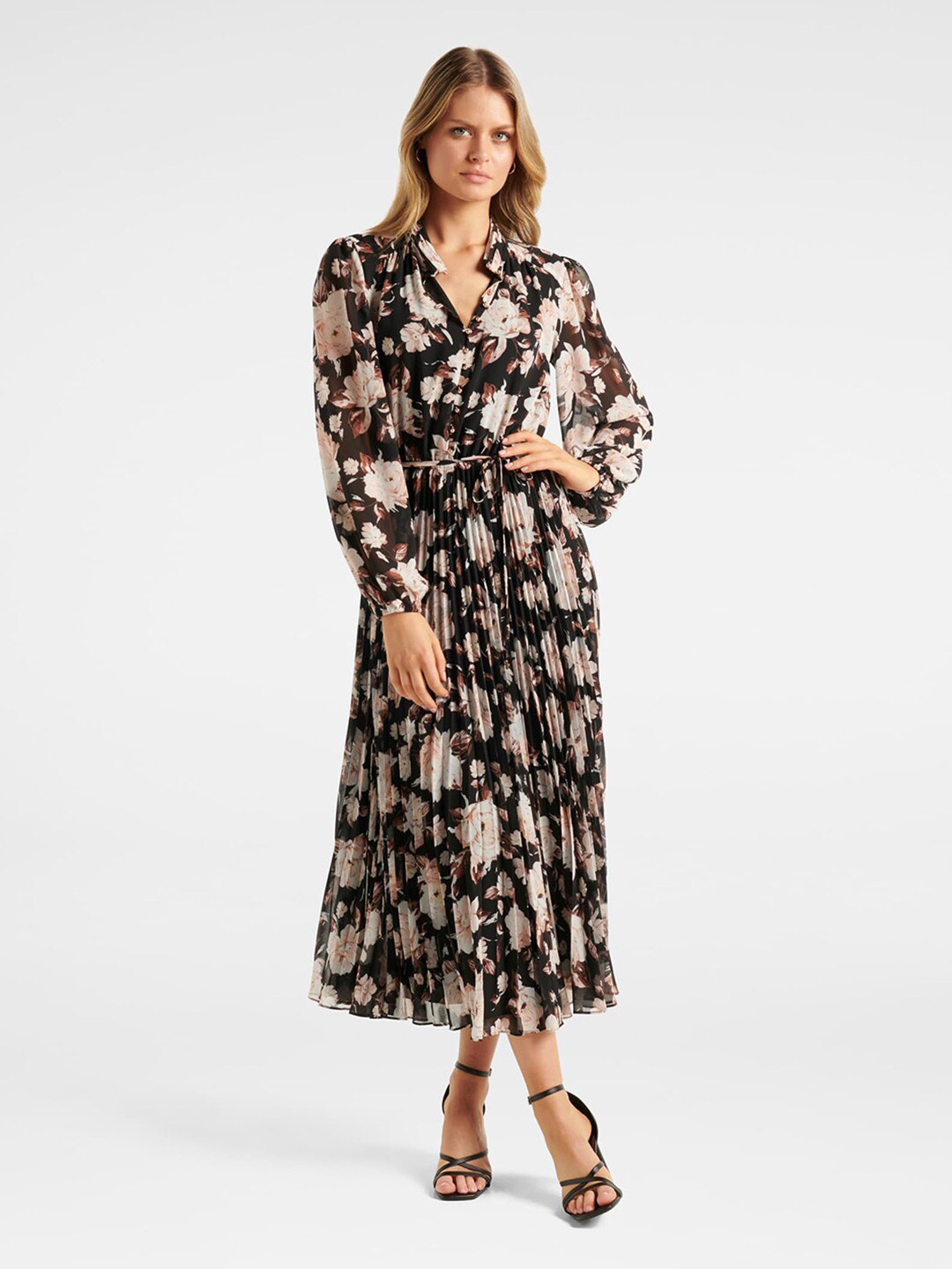 

Forever New Abstract Printed Cuffed Sleeves Fit and Flare Midi Dress, Black