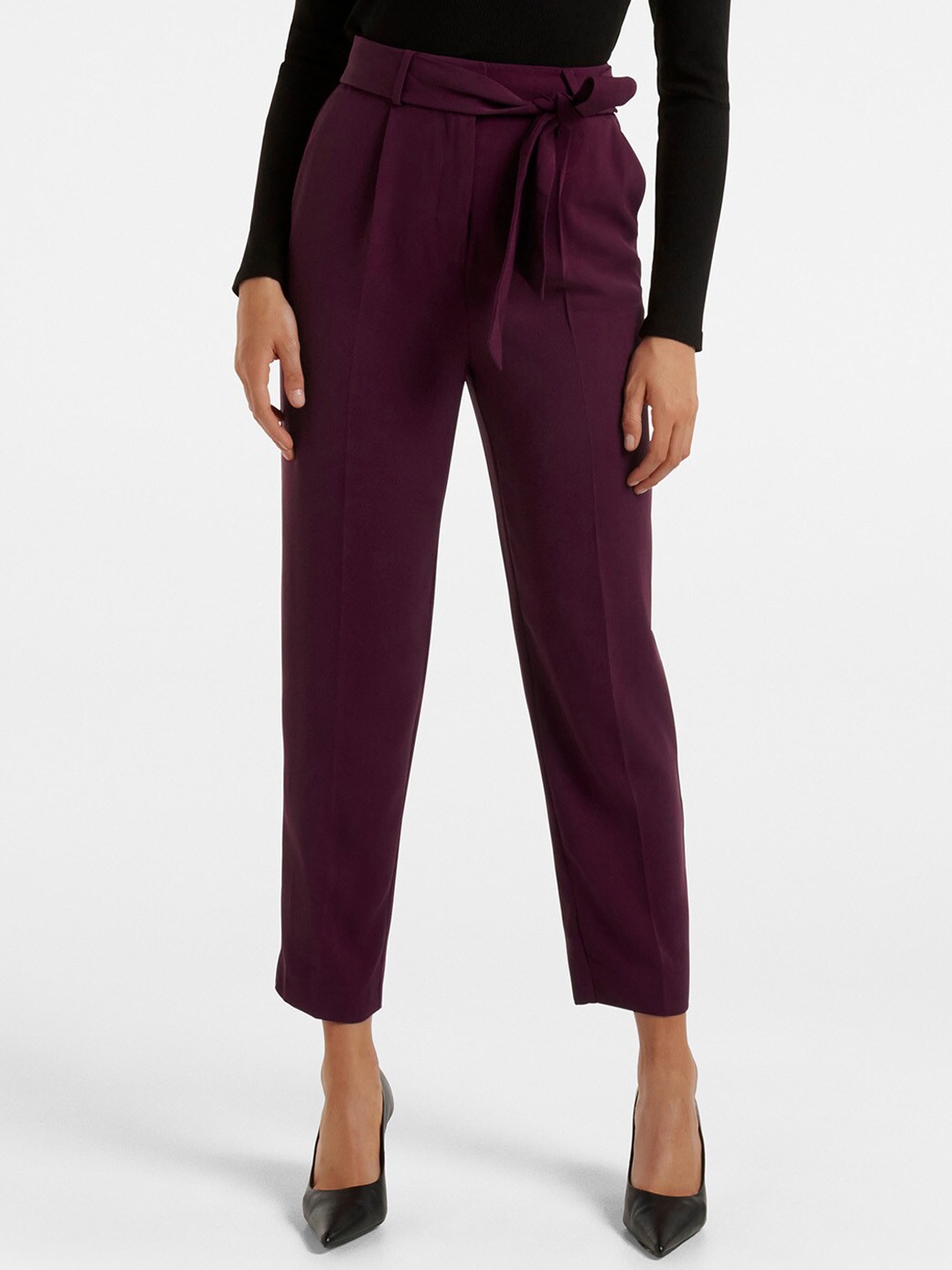 

Forever New Women Maroon Tapered Fit High-Rise Pleated Trousers