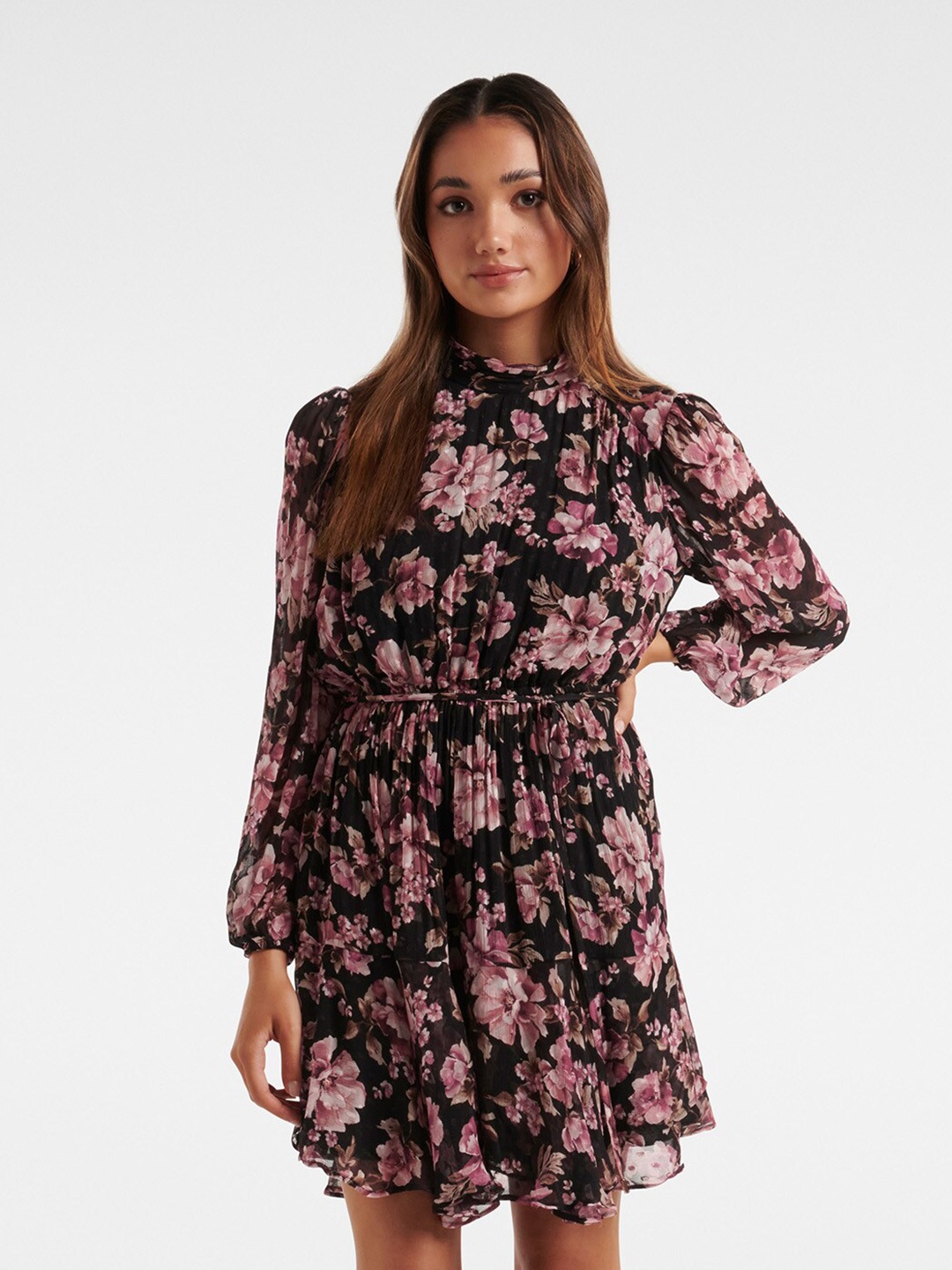 

Forever New Floral Printed Fit and Flare Mock Neck Dress, Black