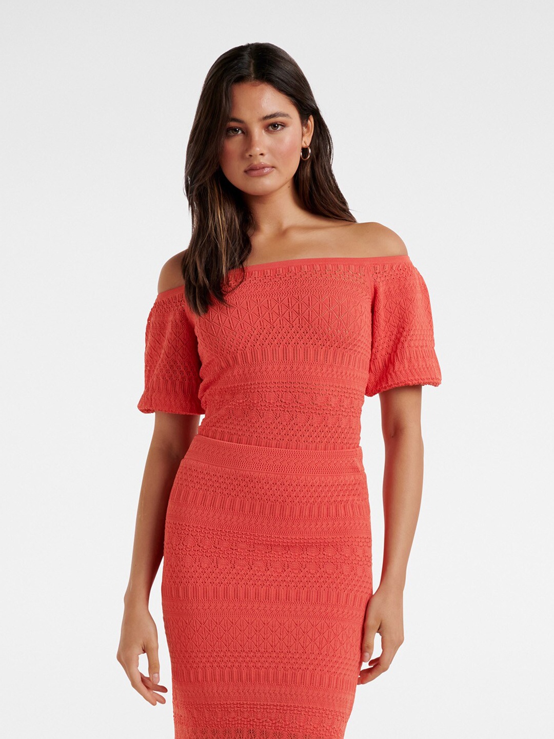 

Forever New Coral Off-Shoulder Lace Bardot Top