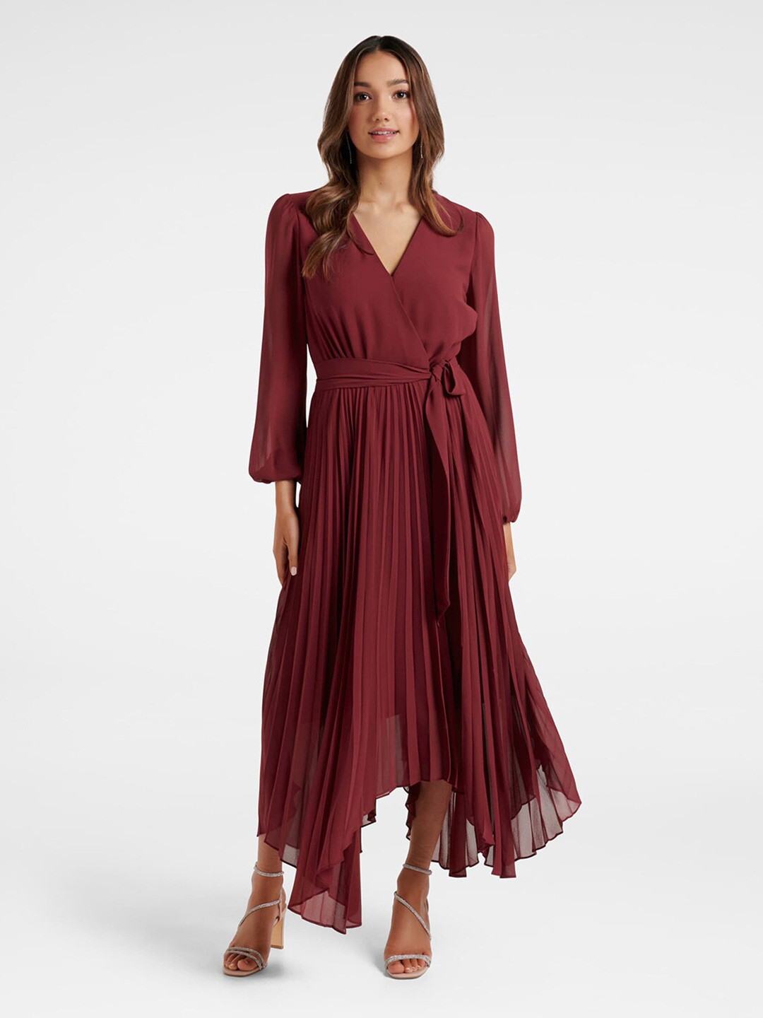 

Forever New Puff Sleeves Asymmetric V-Neck Wrap Dress, Maroon