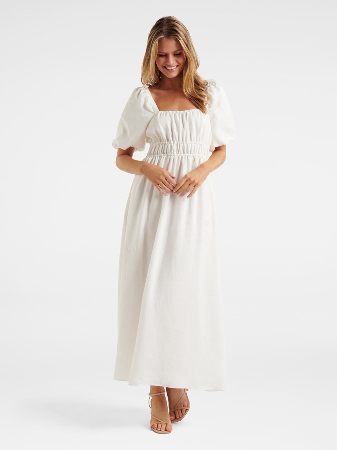 

Forever New Puff Sleeves Flared Square Neck Maxi Dress, White
