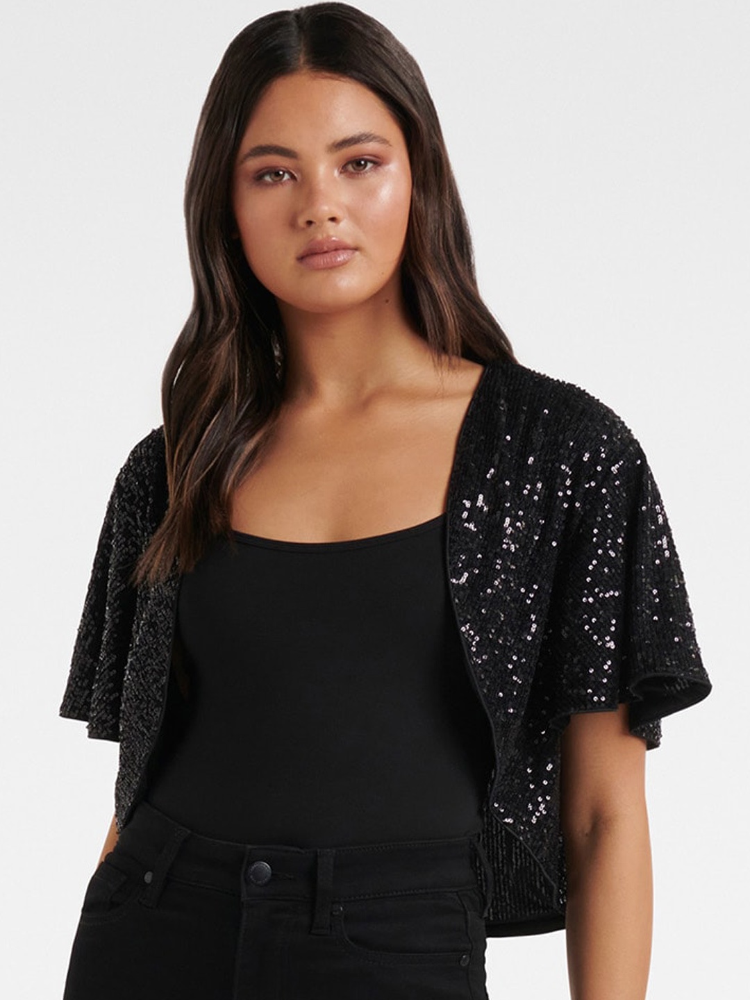 

Forever New Women Black Sequined Crop Open Front Jacket